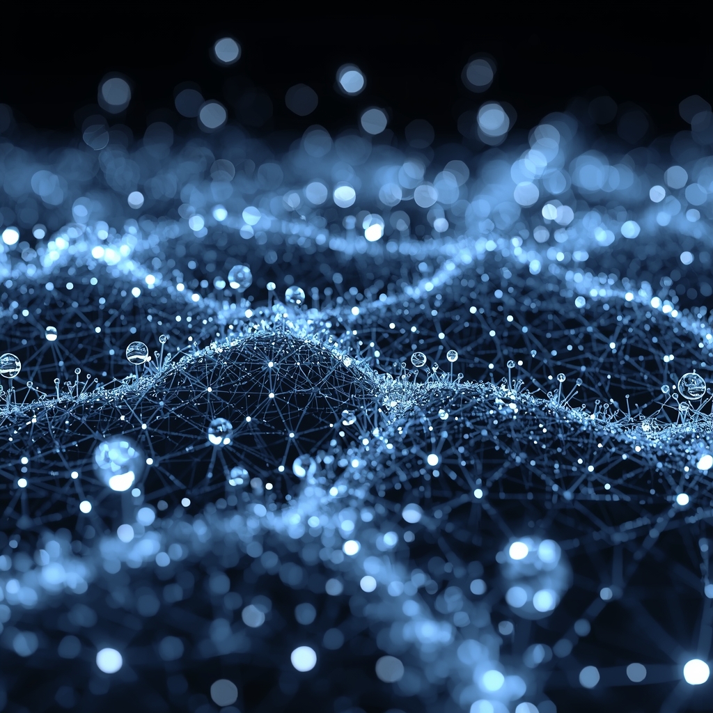 A conceptual data landscape showing crystalline structures morphing and glowing representing deep learning patterns